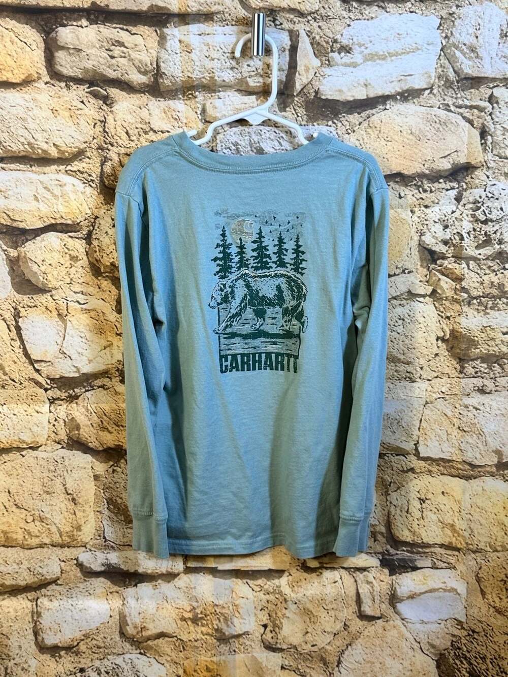 Carhartt Long Sleeve Pocket T-Shirt Size 8-10 Green Bear Graphic